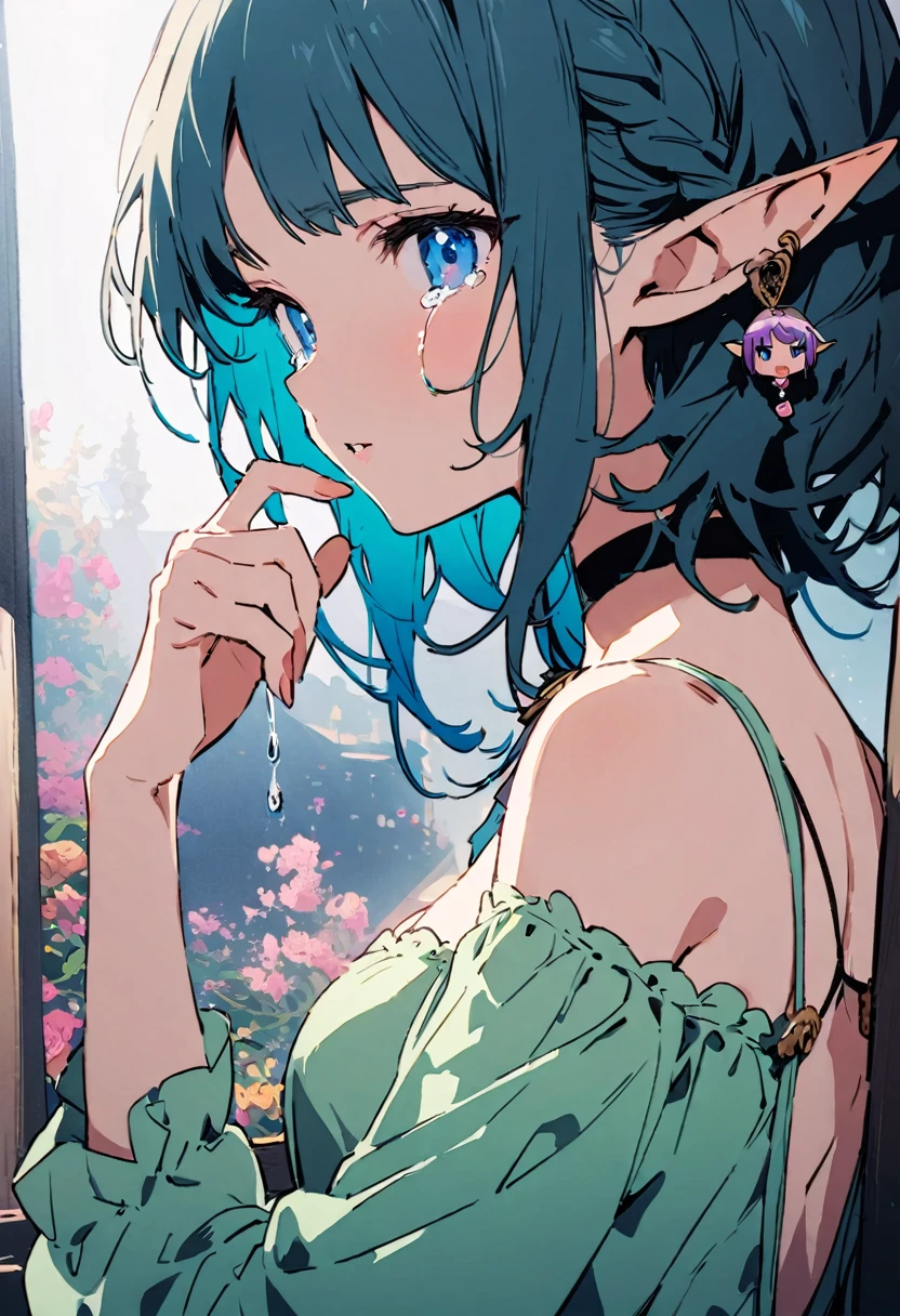 ((Back view:1.1)),masterpiece, highest quality, Illustration of the novel, High resolution, 18+ Adult content, Sensual, Intimate, Emotional, Passionate, romantic, sweet, Adorable, Innocent, Pure, Charmな, Charmな, Charm, Mysterious, Charmな, Charmな, Immersive, Charmな, dream-like, Surreal, Imaginative, Whimsical, artistic, Avant-garde, timeless, elegant, Sophisticated, chic, Sophisticated, personality, original, Charmな,((Loli Elf:1.3)),((Beautiful Tears))、Upper Body、(Little)