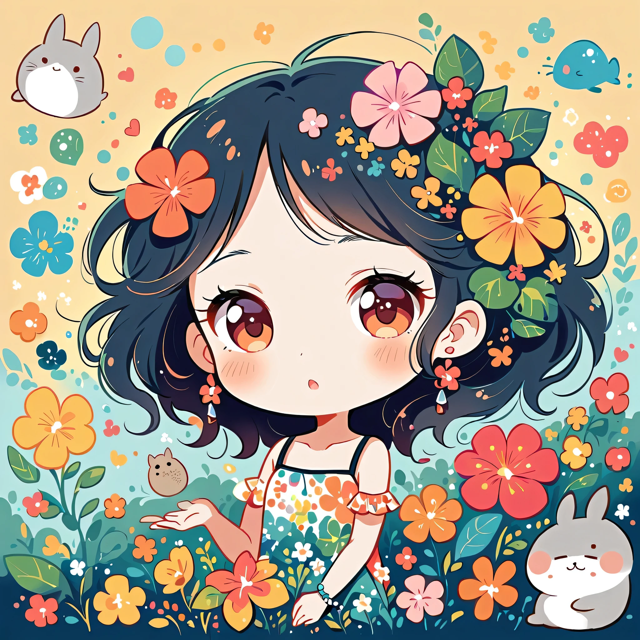 Mai Yoneyama Style、The most beautiful girl of all time、Lips in Love、Colorful flowers、Simple line initials、Abstract art、Hawaii Background, (((chibi))), Totoro Forest