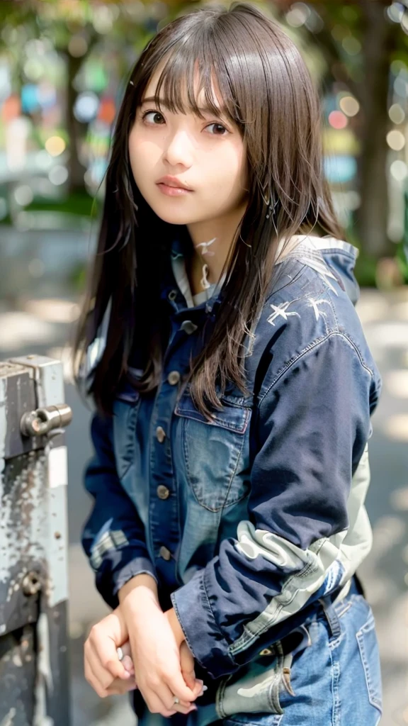 (skin blemish:1.2), (skindentation), black eye, 1woman, 25yo, (((woman))), solo, realistic,  best quality, photorealistic, masterpiece, 8k, high res, solo, extremely detailed face,  (professional lighting, bokeh), (light particles, lens flare, glowing particles:0.6), (dynamic pose:1.2), soft lighting, top angle view, fashionable and trendy atmosphere, japan, (street:1), tokyo, (city), river, ((nighttime)), sky,  ((looking at the viewer:1)), (looking at the camera),(portrait:0.6), cowboy shot, gorgeous, walking, keep original facial proportion, wide shoulder, full body,  (medium breast),  (long hair), brown hair, floating hair, lips, lipstick, seductive smile, floating hair, (smile), (open_mouth), teeth, eye ring, hoodie, hood, ma1 jacket, hood coat,  mole, (mole under eye:1),    