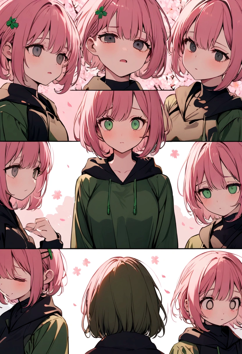cherry blossom pink short hair, black eyes with no pupil, girl, black long sleeve hoodie, Green skirt, No emotions Showing, cherry blossom with hint of green hairpin