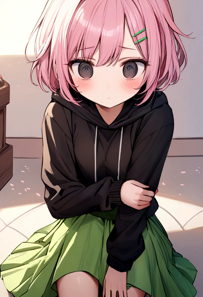 cherry blossom pink short hair, black eyes with no pupil, girl, black long sleeve hoodie, Green skirt, No emotions Showing, cherry blossom with hint of green hairpin
