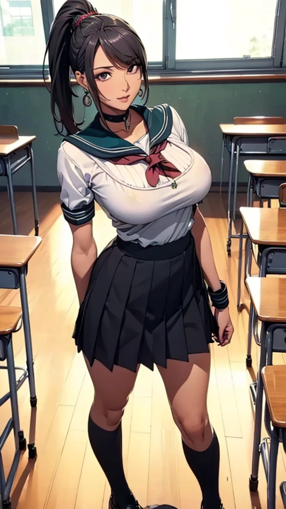 (((highest quality, High resolution, , Pixel Perfect, 4K))),((Correct Anatomy))、((Sailor suit))、(((School classroom))), ((highest quality)), ((Complex and detailed)), ((Black knee-high socks)), ((Mini Pleated Skirt))、An absurd solution, Mature Woman, Mature Woman, perspective, Very detailed,(((Full Body Shot)))、Great style、(Long Hair)、glamorous、Sailor suit、mini skirt、black tights、(((The whole body is visible))), One Woman, ((ponytail)), Perfect hands, Detailed fingers, Beautiful details,  Black choker, Earrings, Black Stockings, Perfect Eyes, Seductive eyes