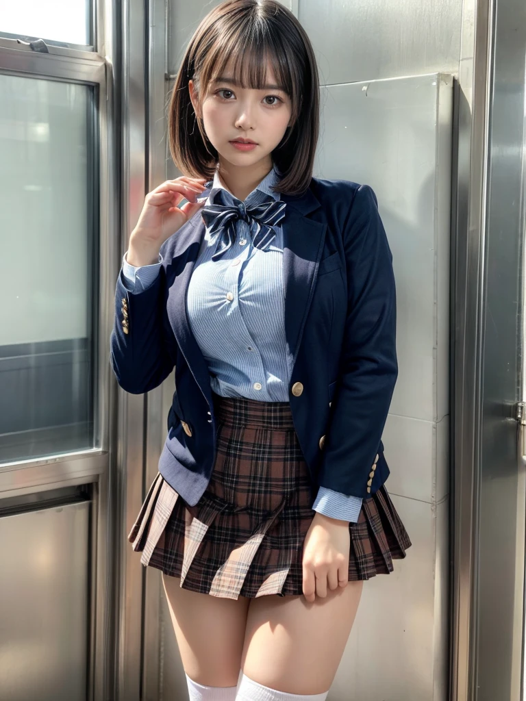 masterpiece, best quality, illustration, Super detailed, fine details, High resolution, 8K,wall paper, perfect dynamic composition,(Details High quality, realistic depiction of eyes:1.3), from side, High School Classroom、High school girl uniform、blazer 、Super Short Check Uniform Skirt、Navy blue high socks、garterbelts、Colossal tits、Disturbed uniform, short hair, (wavy hair:1.2), short bob hair, black hair color, large breasts, Big Natural Color Lip, acrobatic pose, perfect body shape, crying a little、Harajuku style、20 year old girl、cute type, beautiful legs, hposing Gravure Idol, Voluptuous thighs