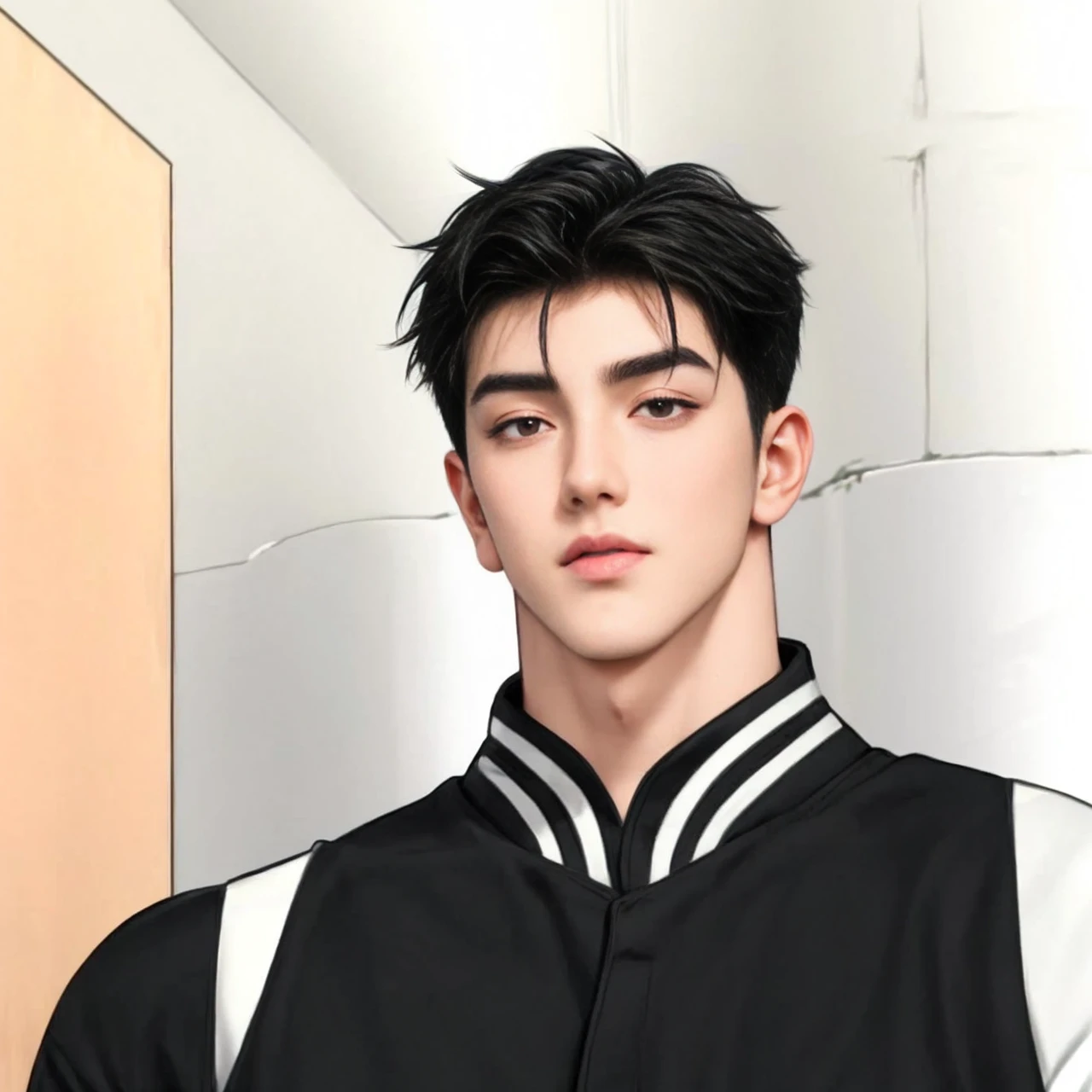masterpiece, 1boy, young, handsome, black hair, undercut hair, perfect face, detailed eyes and face, black eyes, clean shaved, muscular, capturing a rural atmosphere, dynamic lighting, unreal engine 5