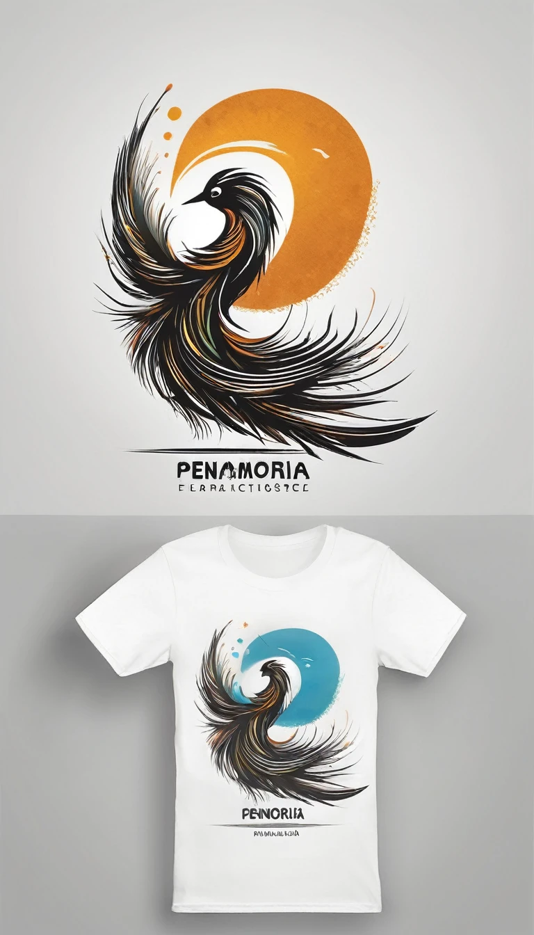 Create a logo design of a special, unique, poetic, minimalistic feather that represents a special creative brand called " Penamemoria". The brand is created by an artist called Rafael Figueiras. The logo must convey the sense of storytelling and music. Must include a boy, one acoustic guitar, a feather and a fantastic bird. Logo design and icon design present and impressed on a white t-shirt.