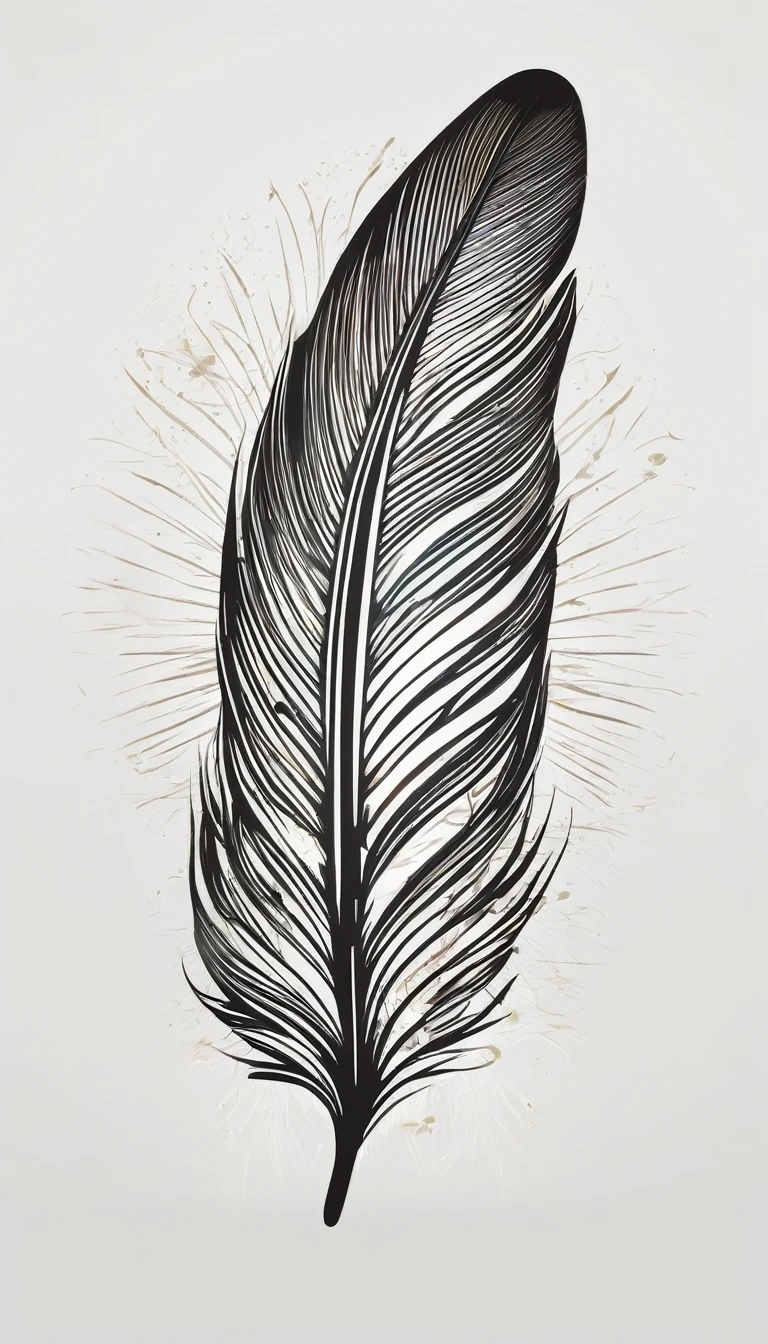 Create a logo design of a special, unique, poetic, minimalistic feather that represents a special creative brand called " Penamemoria". The brand is created by an artist called Rafael Figueiras. The logo must convey the sense of storytelling and music. Must include a boy, one acoustic guitar, a feather and a fantastic bird. Logo design and icon design present and impressed on a white t-shirt.