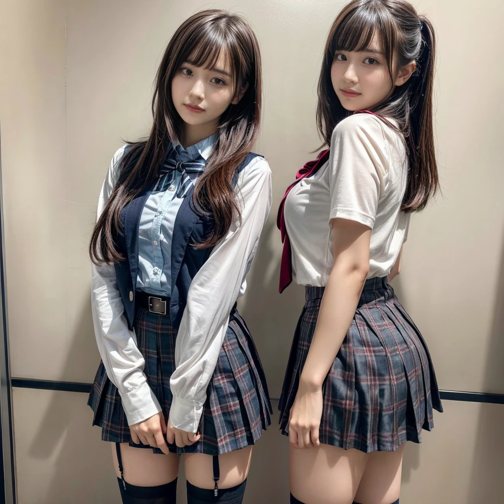 masterpiece, best quality, illustration, Super detailed, fine details, High resolution, 8K,wall paper, perfect dynamic composition,(Details High quality, realistic depiction of eyes:1.3), (2 girls, 2 schoolgirls:1.2), from side, High School Classroom、High school girl uniform、blazer 、Super Short Check Uniform Skirt、Navy blue high socks、garterbelts、Colossal tits、Disturbed uniform, short bob hair, black hair color, huge breasts, Big Natural Color Lip, bold sexy pose, (perfect body shape), crying a little、 Harajuku style、20 year old girl、 beautiful legs, hposing Gravure Idol, Voluptuous thighs