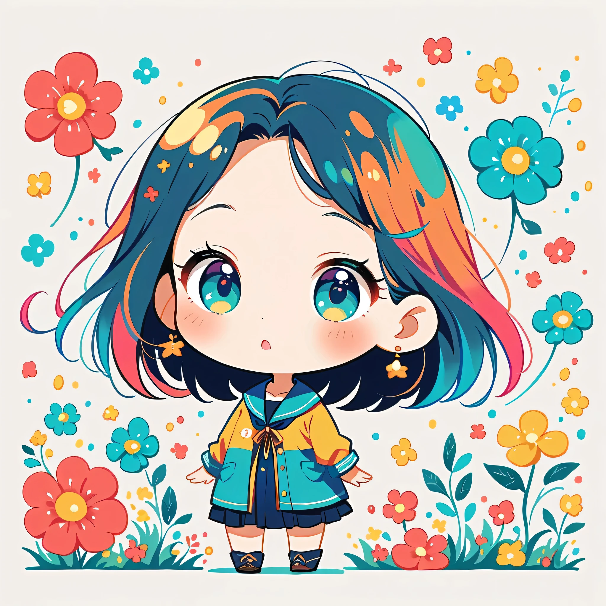 Watase Seizo style, Standing in front of a high wall,Simple Line Initialism,Abstract art, (((The most beautiful girl))), (((chibi))), colorful flowers,