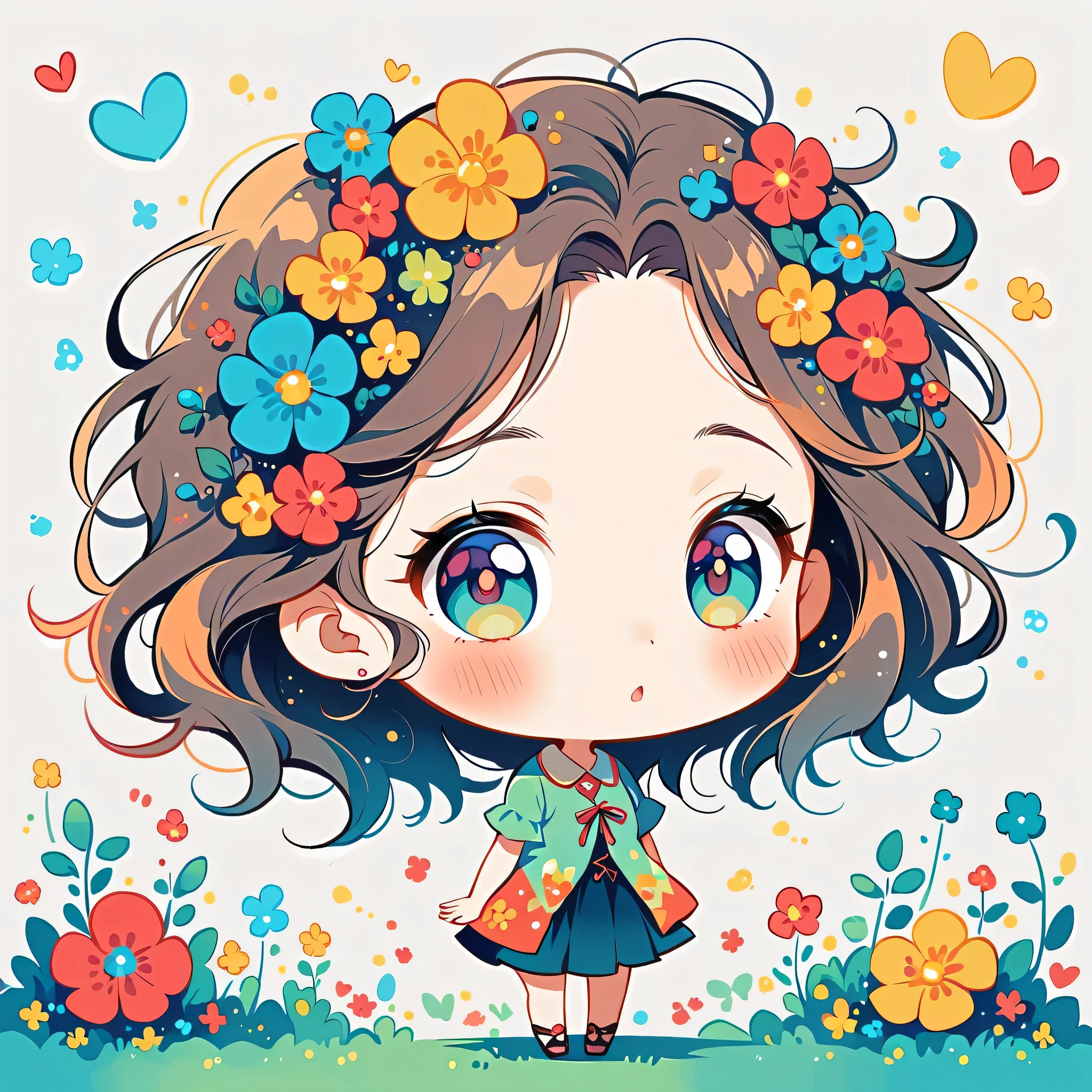 Watase Seizo style, Standing in front of a high wall，Simple Line Initialism，Abstract art, (((The most beautiful girl))), (((chibi))), colorful flowers,