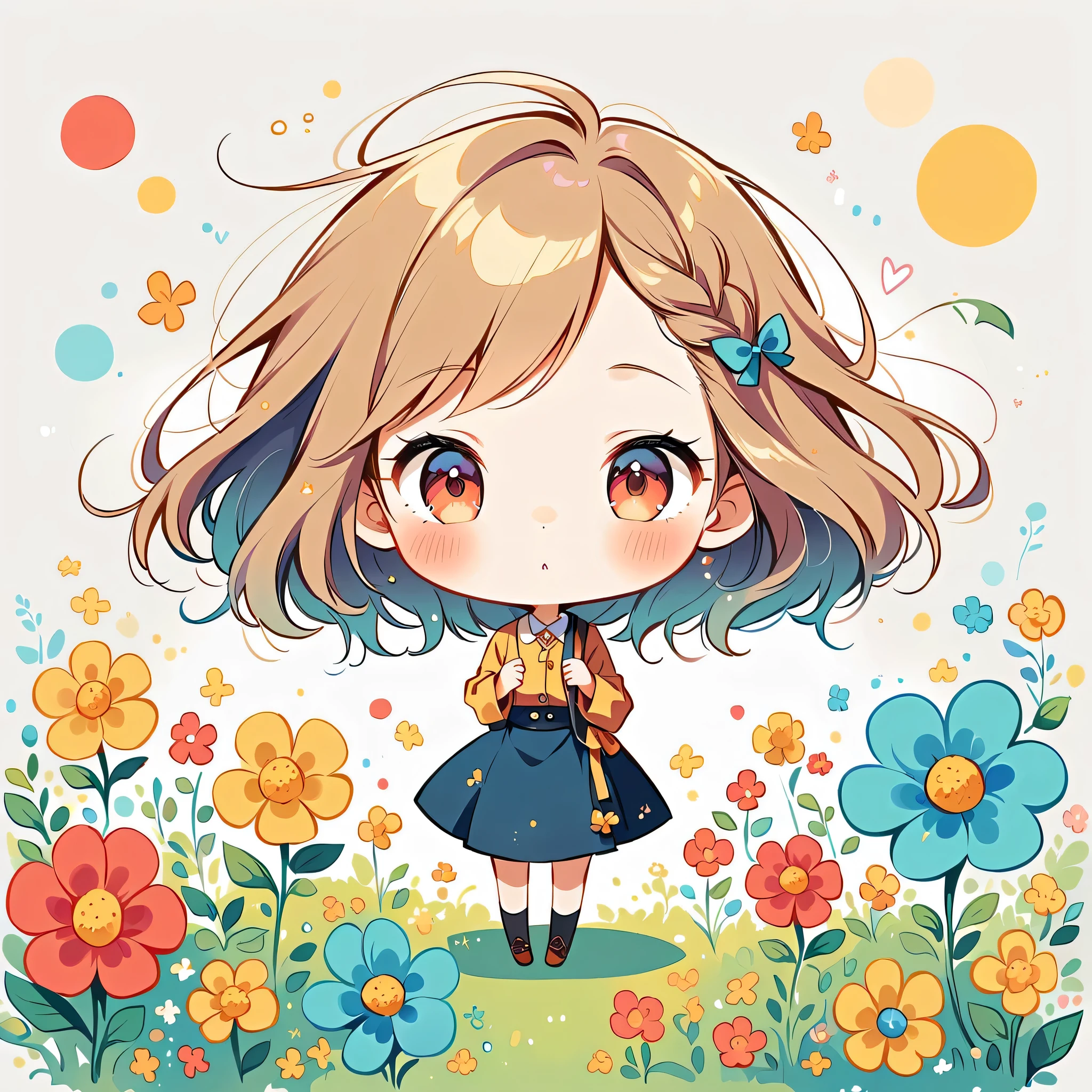 Watase Seizo style, Standing in front of a high wall,Simple Line Initialism,Abstract art, (((The most beautiful girl))), (((chibi))), colorful flowers,