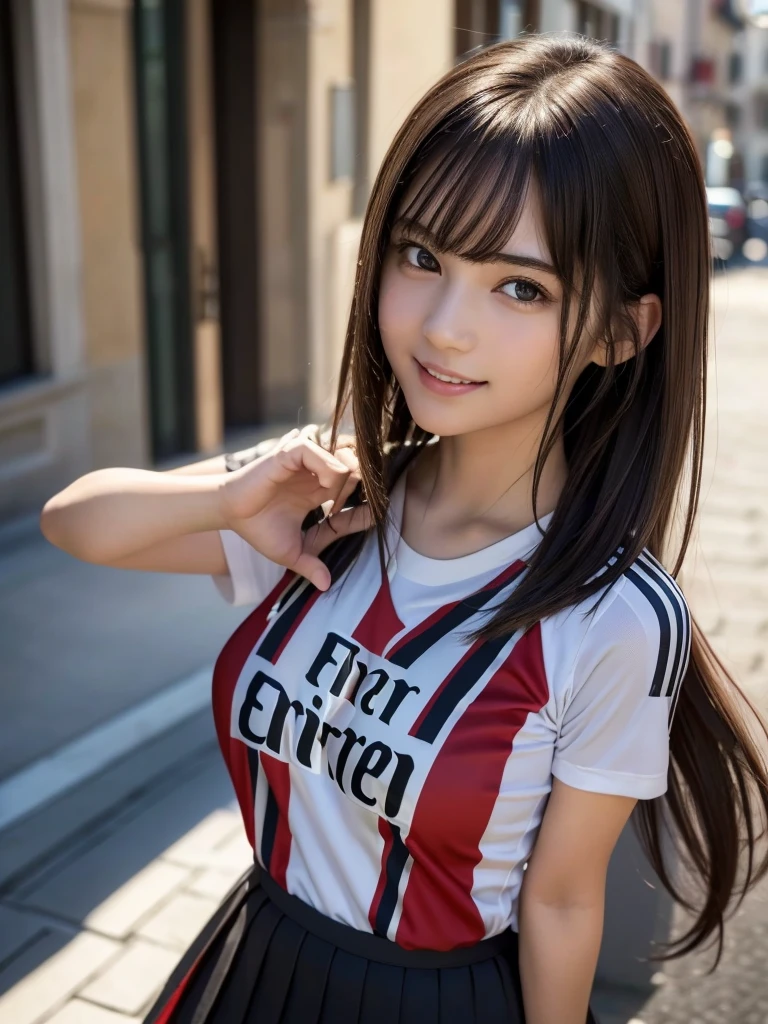 (8k, RAW Photos, highest quality, masterpiece:1.2), (Realistic, photo-Realistic:1.4), (Highly detailed 8k wallpaper), ((Full Body Shot)), (1 girl), Sharp focus, Depth of written boundary, Cinematic lighting, Soft Light, 緻密な美しさのeye, eye_Chan, Very beautiful 17 year old girl, innocent big eyes, Realistic, photo Realistic, Highly detailed cute girl, (Thin thighs), (Model Body Type), 18-year-old, (((AC Milan soccer jersey))), ((Micro Mini Pleated Skirt)), (((Fold your arms in front of your chest and act arrogantly))), ((A happy smile)), Parted lips, Watching the audience, (On the streets of Italy) , (Brown Hair),(Long Bob Hair), (Asymmetrical bangs)