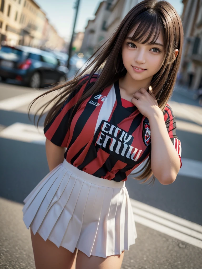 (8k, RAW Photos, highest quality, masterpiece:1.2), (Realistic, photo-Realistic:1.4), (Highly detailed 8k wallpaper), ((Full Body Shot)), (1 girl), Sharp focus, Depth of written boundary, Cinematic lighting, Soft Light, 緻密な美しさのeye, eye_Chan, Very beautiful 17 year old girl, innocent big eyes, Realistic, photo Realistic, Highly detailed cute girl, (Thin thighs), (Model Body Type), 18-year-old, (((AC Milan soccer jersey))), ((Micro Mini Pleated Skirt)), (((Fold your arms in front of your chest and act arrogantly))), ((A happy smile)), Parted lips, Watching the audience, (On the streets of Italy) , (Brown Hair),（Long Bob Hair), (Asymmetrical bangs)