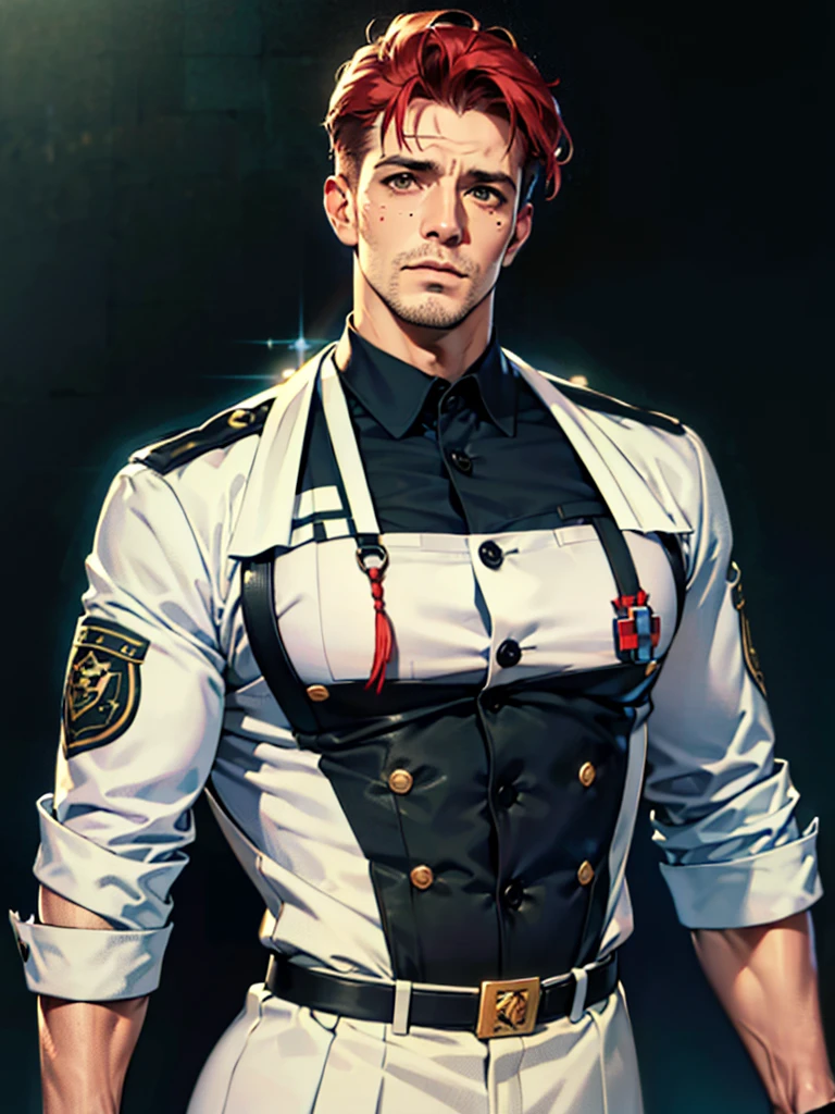 a 35 year old man ((red short hair)), grey eyes, moles all over the body, wearing an official uniform, portrayal of masculinity, teacher, medic, (best quality,4k,8k,highres,masterpiece:1.2),ultra-detailed,(realistic,photorealistic,photo-realistic:1.37),cinematic lighting,highly detailed face and body,sharp focus,vivid colors, anime style