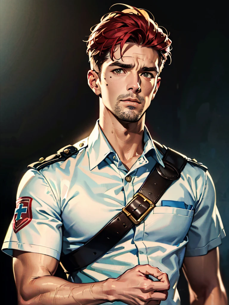 a 35 year old man ((red short hair)), grey eyes, moles all over the body, wearing an official uniform, portrayal of masculinity, teacher, medic, (best quality,4k,8k,highres,masterpiece:1.2),ultra-detailed,(realistic,photorealistic,photo-realistic:1.37),cinematic lighting,highly detailed face and body,sharp focus,vivid colors, anime style