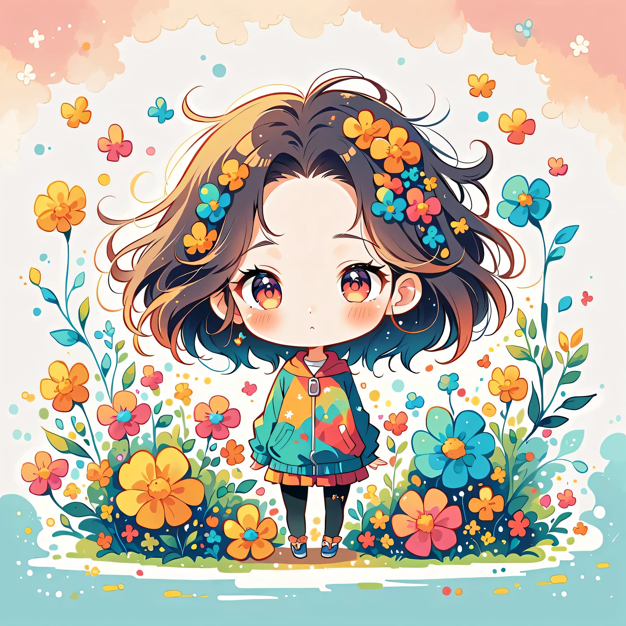 Watase Seizo style, Standing in front of a high wall,Simple Line Initialism,Abstract art, (((The most beautiful girl))), (((chibi))), colorful flowers,