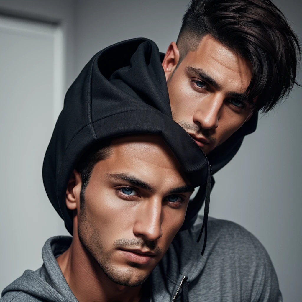 An extremely handsome boy in black hoodie with short hair and sharp jawline. An ultra-realistic 4k image quality. Eye colour should be brown.