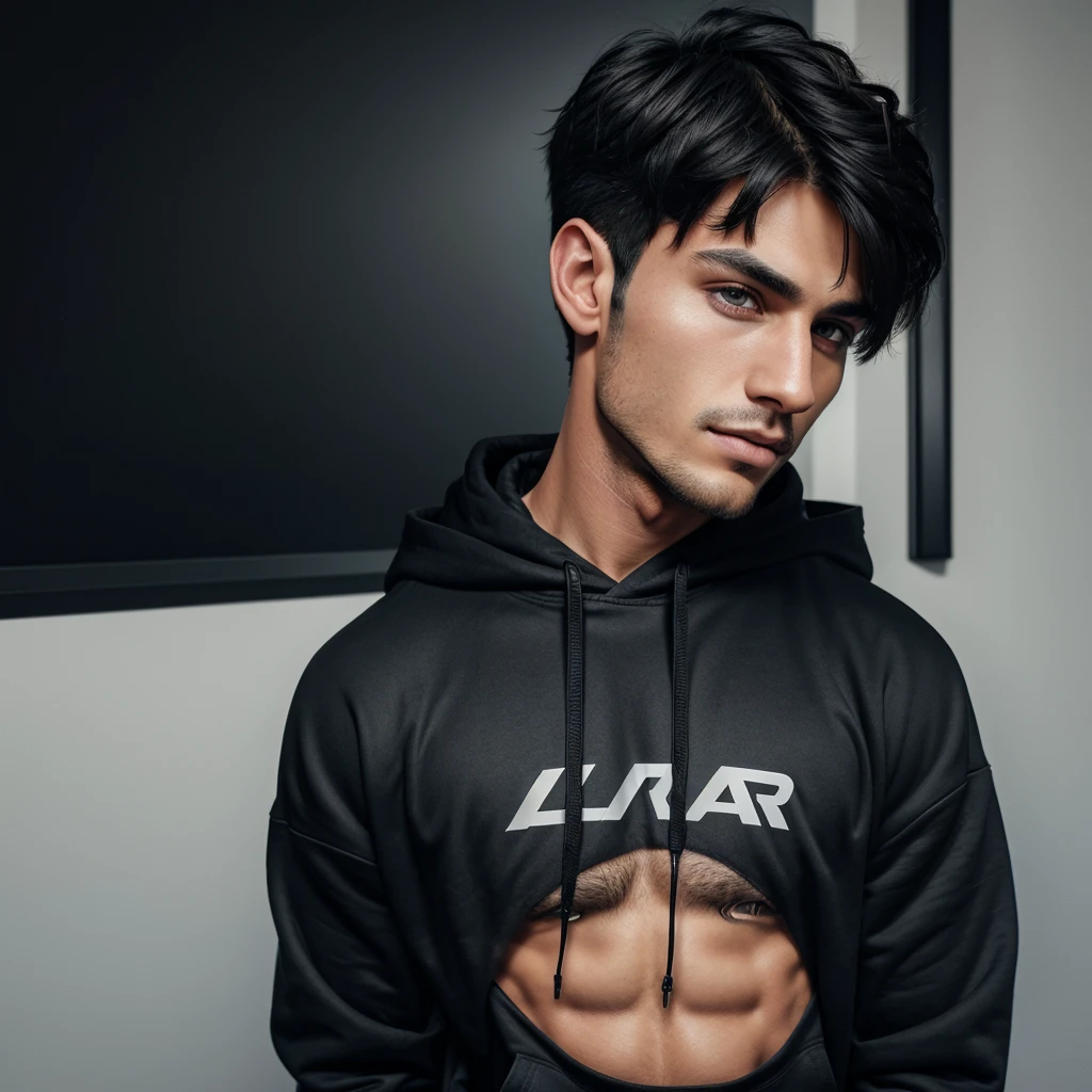 An extremely handsome boy in black hoodie with short hair and sharp jawline. An ultra-realistic 4k image quality. Eye colour should be brown. 