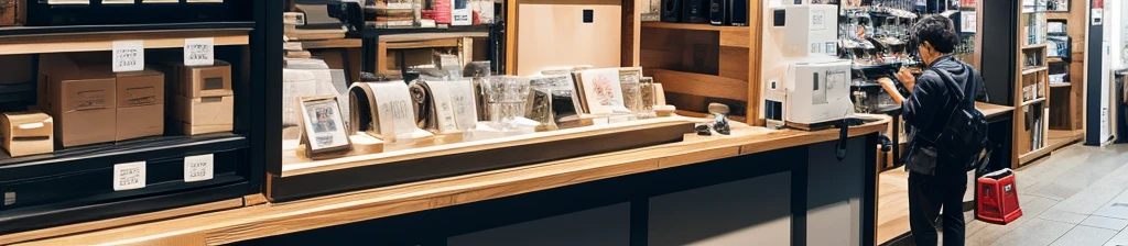 ・Small camera shop ・Back office work ・Japanese men and women ・Photographing cameras and lenses ・Product packaging