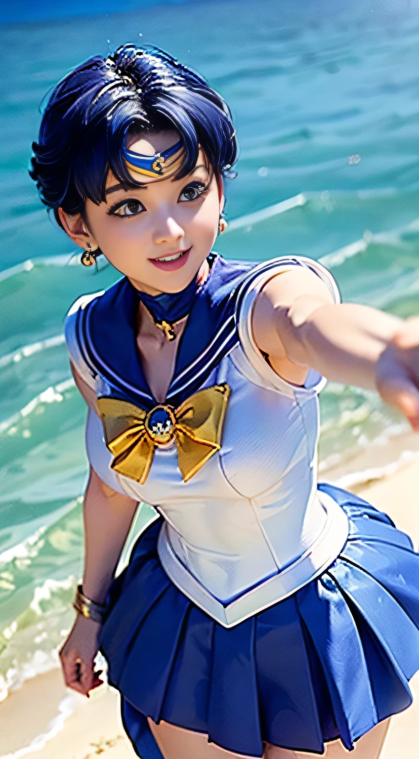 ((Best Quality)), ((Masterpiece)), (detail: 1.4), 3D, (Sailor Moon:) ((Ami Mizuno/Sailor Crystal, Sailor Mercury)), charming smile, short hair, short blue hair,  vibrant blue eyes, short skirt, white top, looking at the viewer,, background of the sea in Pattaya, Thailand, dynamic pose, (excellent detail, outstanding lighting, wide angle)