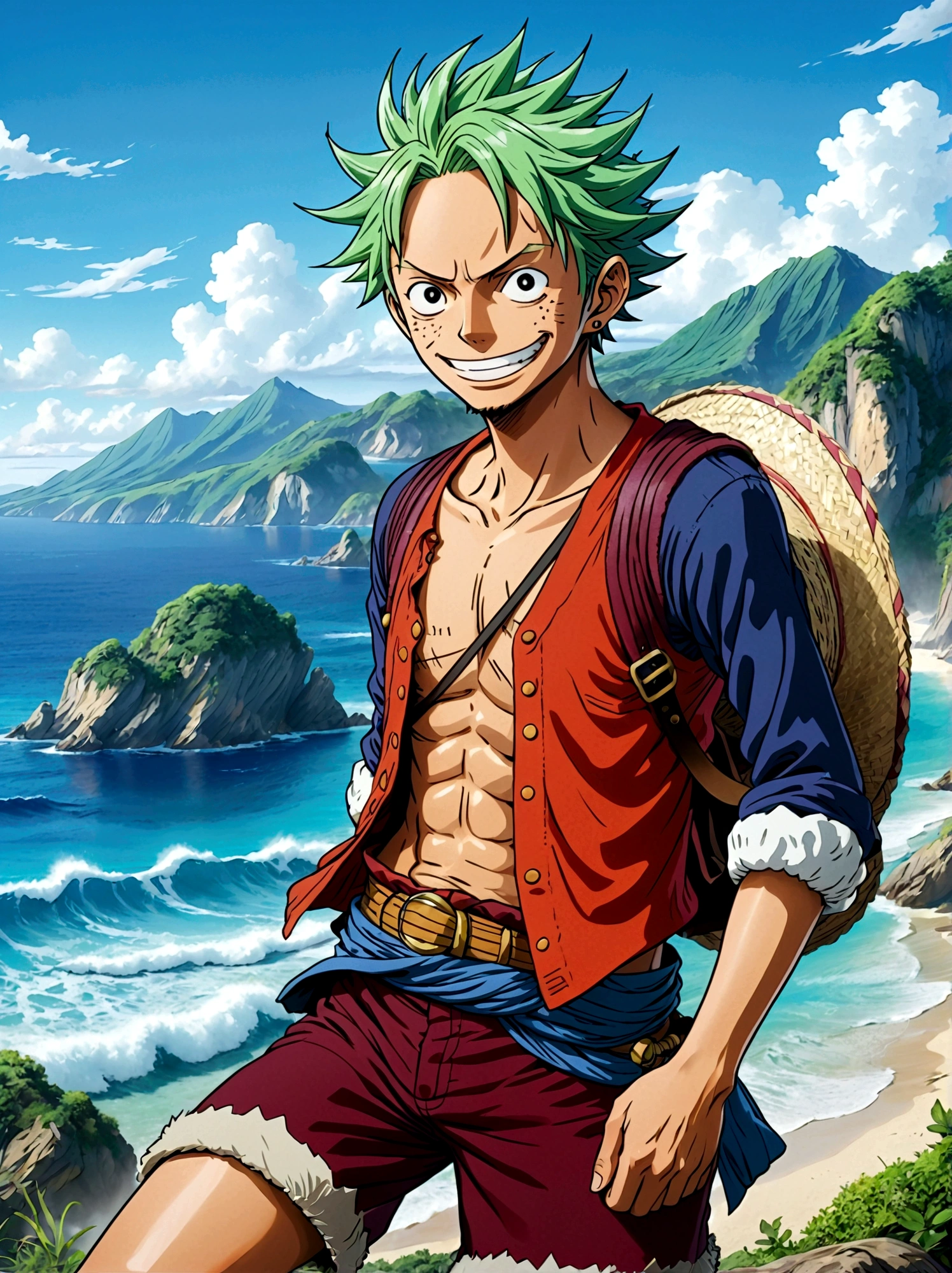 Japanese anime One Piece, Create an expansive illustration reminiscent of a popular action-adventure anime series. It should feature a diverse group of daring explorers. Each character is unique in their own way. One is a lanky man with spiky black hair, wearing a red vest, blue shorts, and a straw hat. His cheerful attitude and love for adventure is evident in his wide grin. Another character is a man with slicked-back, shoulder-length light moss green hair, wearing fine burgundy attire, his gravity and maturity reflecting through his demeanor. The third character is a young woman with beauty and grace, she has orange hair and is seen sporting a simple vest and a mini skirt. A captivating blue sea spans the entire background, adding to the whole dangerous yet exciting vibe of the setting.