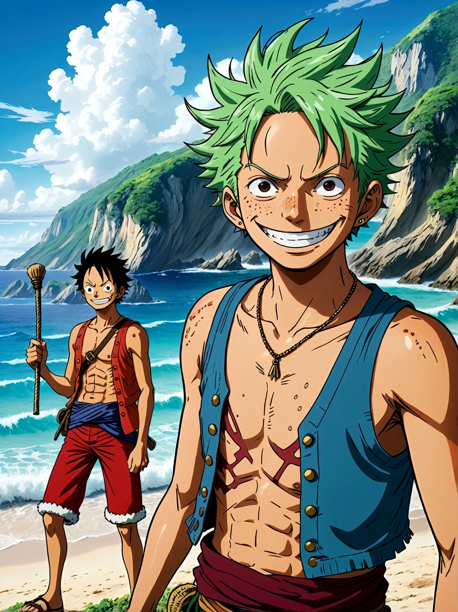 Japanese anime One Piece, Create an expansive illustration reminiscent of a popular action-adventure anime series. It should feature a diverse group of daring explorers. Each character is unique in their own way. One is a lanky man with spiky black hair, wearing a red vest, blue shorts, and a straw hat. His cheerful attitude and love for adventure is evident in his wide grin. Another character is a man with slicked-back, shoulder-length light moss green hair, wearing fine burgundy attire, his gravity and maturity reflecting through his demeanor. The third character is a young woman with beauty and grace, she has orange hair and is seen sporting a simple vest and a mini skirt. A captivating blue sea spans the entire background, adding to the whole dangerous yet exciting vibe of the setting.