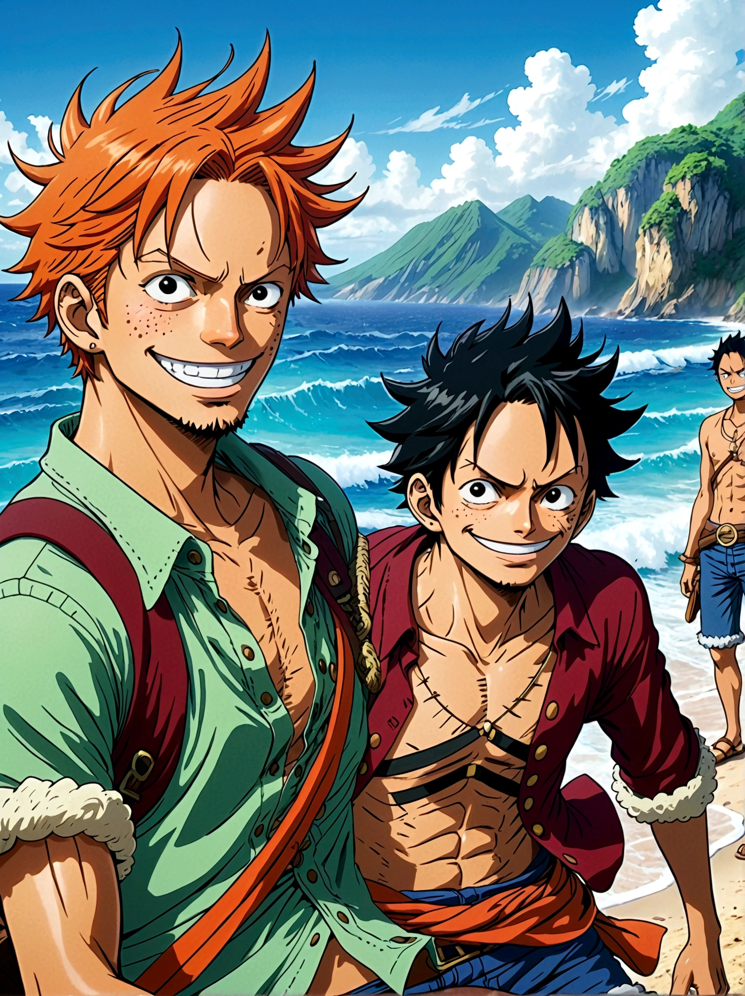 Japanese anime One Piece, Create an expansive illustration reminiscent of a popular action-adventure anime series. It should feature a diverse group of daring explorers. Each character is unique in their own way. One is a lanky man with spiky black hair, wearing a red vest, blue shorts, and a straw hat. His cheerful attitude and love for adventure is evident in his wide grin. Another character is a man with slicked-back, shoulder-length light moss green hair, wearing fine burgundy attire, his gravity and maturity reflecting through his demeanor. The third character is a young woman with beauty and grace, she has orange hair and is seen sporting a simple vest and a mini skirt. A captivating blue sea spans the entire background, adding to the whole dangerous yet exciting vibe of the setting.