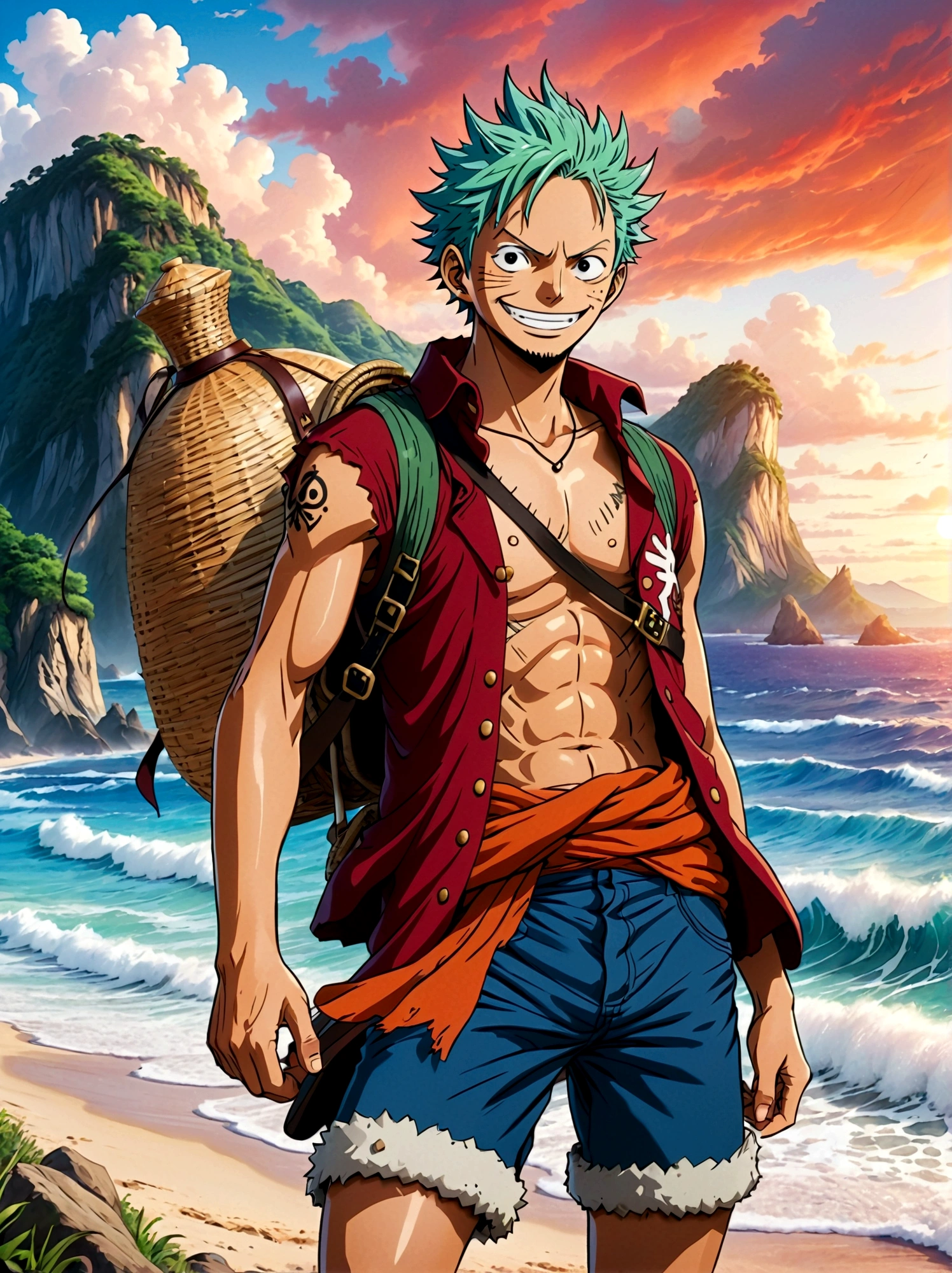 Japanese anime One Piece, Create an expansive illustration reminiscent of a popular action-adventure anime series. It should feature a diverse group of daring explorers. Each character is unique in their own way. One is a lanky man with spiky black hair, wearing a red vest, blue shorts, and a straw hat. His cheerful attitude and love for adventure is evident in his wide grin. Another character is a man with slicked-back, shoulder-length light moss green hair, wearing fine burgundy attire, his gravity and maturity reflecting through his demeanor. The third character is a young woman with beauty and grace, she has orange hair and is seen sporting a simple vest and a mini skirt. A captivating blue sea spans the entire background, adding to the whole dangerous yet exciting vibe of the setting.