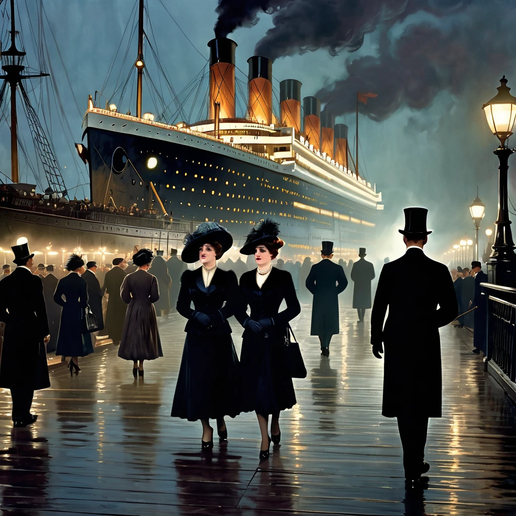 Victorian-era upper class scene, foggy nighttime dock, massive ocean liner RMS Titanic in background, well-dressed English ladies and gentlemen walking and waiting to board, dim lighting from lamps on dock, solemn gloomy atmosphere, intricate period clothing and architectural details, cinematic compositionPhotorealistic render, RMS Titanic moored at Southampton docks before maiden voyage, 1912, upper crust ladies in ornate hats and fur stoles with gentlemen in evening tailcoats and top hats, atmospheric fog and dim lighting from dockside lamps, people carrying luggage, excited yet somber mood, incredible detail