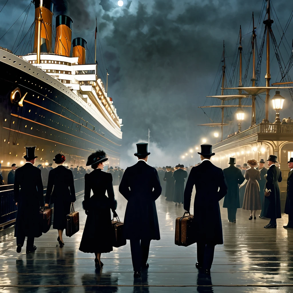 Victorian-era upper class scene, foggy nighttime dock, massive ocean liner RMS Titanic in background, well-dressed English ladies and gentlemen walking and waiting to board, dim lighting from lamps on dock, solemn gloomy atmosphere, intricate period clothing and architectural details, cinematic compositionPhotorealistic render, RMS Titanic moored at Southampton docks before maiden voyage, 1912, upper crust ladies in ornate hats and fur stoles with gentlemen in evening tailcoats and top hats, atmospheric fog and dim lighting from dockside lamps, people carrying luggage, excited yet somber mood, incredible detail