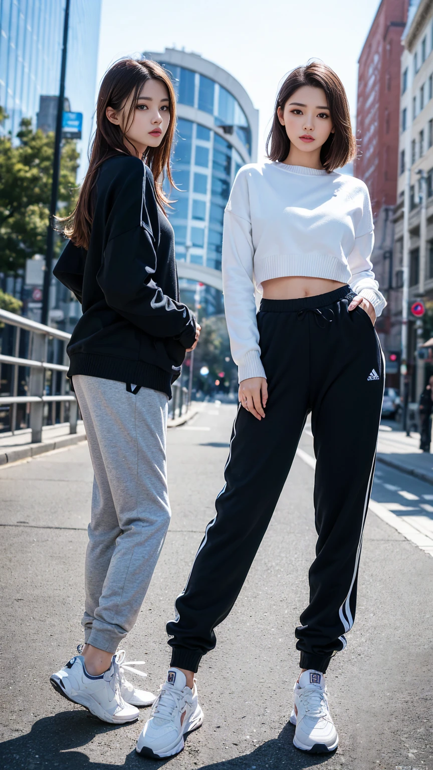 (best quality, masterpiece, photo realistic, very detailed, ultra high resolution, raw:1.3), 1 woman, korean, ), sweater , Jogger pants, jumper, (sneaker, beautiful bridge, whole body:1.2), main street, from below, Sportswear, 