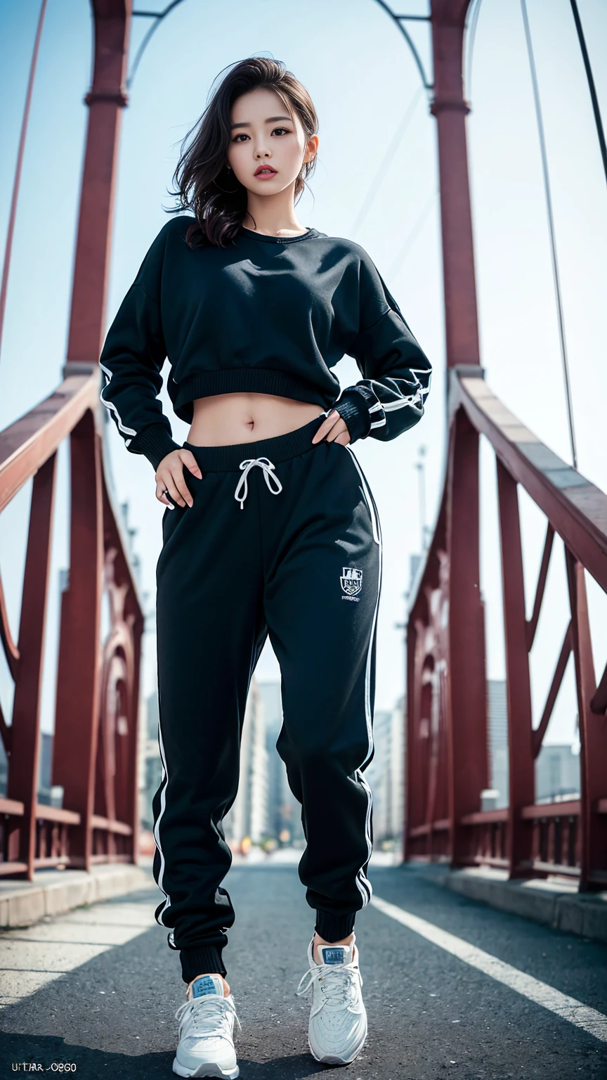 (best quality, masterpiece, photo realistic, very detailed, ultra high resolution, raw:1.3), 1 woman, korean, ), sweater , Jogger pants, jumper, (sneaker, beautiful bridge, whole body:1.2), main street, from below, Sportswear, 