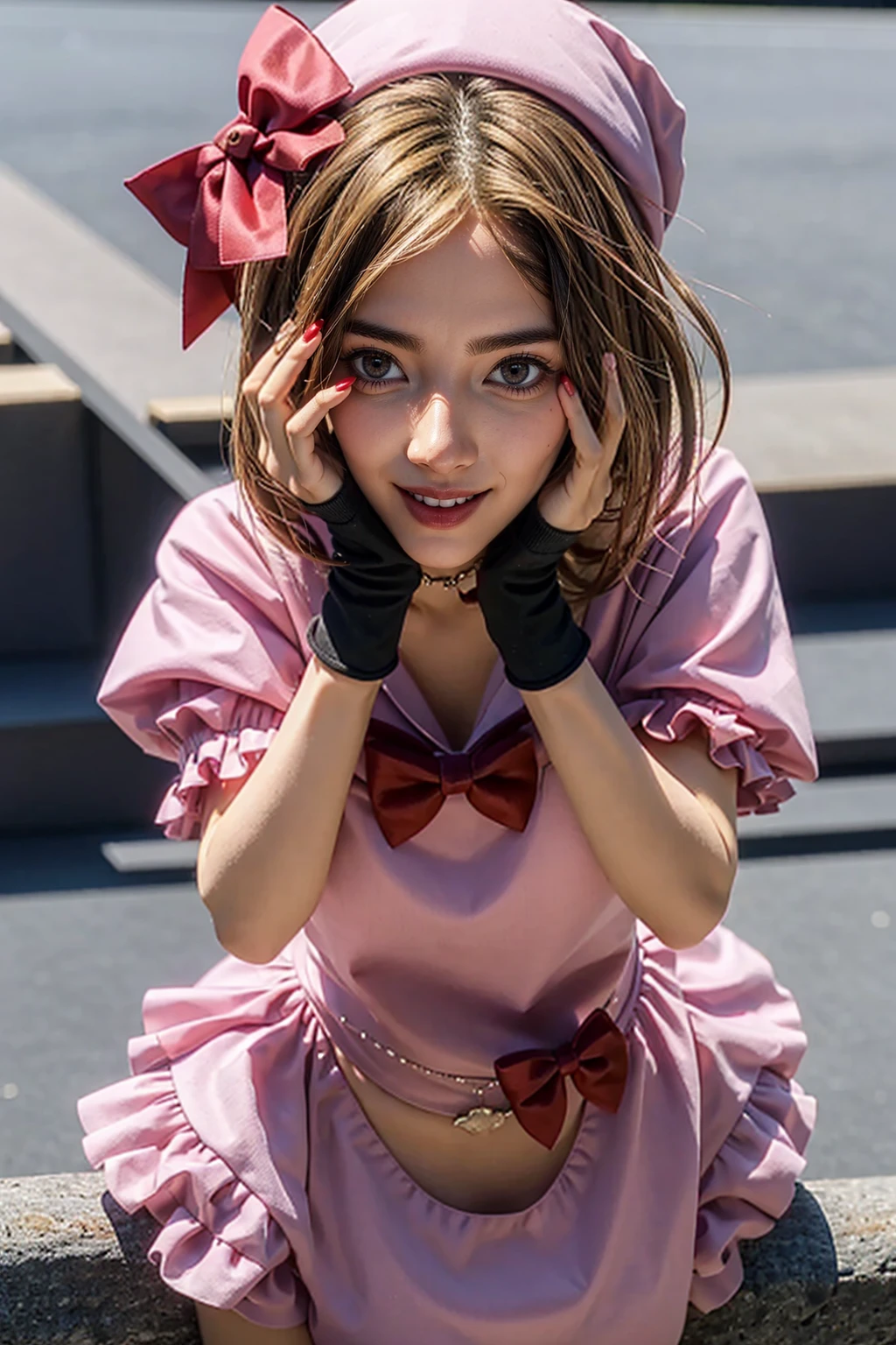 (masterpiece),(best quality), lambdadelta ,dress, striped stockings, red bow, pink hat, necklace, gloves, pearl, pumpkin brooch, crazy face, upper body, persistent stare, mountains, forest, looking at the viewer, red sky, yandere trance, yandere, hands on own face,hands on own cheeks, blank eyes, blush, large smile, (yandere smile)