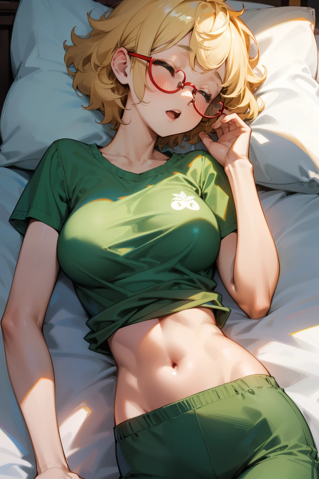 Girl, short curly blonde hair, round glasses, red nose, light green short-sleeved T-shirt, short blue pants, exposed stomach, closed eyes, long nose, big breasts, sleeping, open mouth