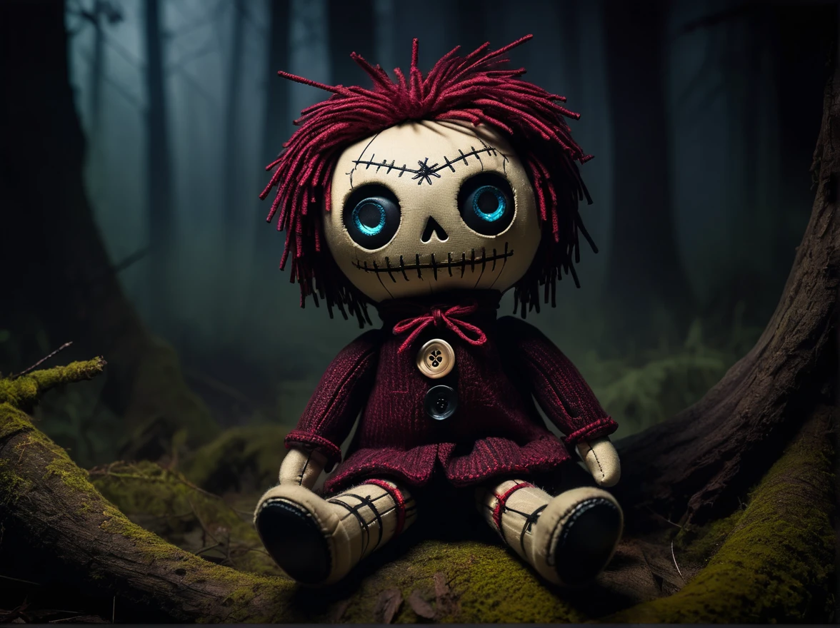 (knitted toy voodoo doll: 1.2), (needles stuck into voodoo: 1.9), triangle-shaped button eyes, dark atmosphere, background - dark, ominous forest with fog, gothic aesthetics, a sense of mystery and magic,best quality, masterpiece, soft oil painting, detailed background, dramatic cinematic lighting, soft edge lighting, professional, dramatic lighting, hard edge lighting, ultra quality, 4k, masterpiece, best quality, 8k, super high definition, high definition, extremely detailed
