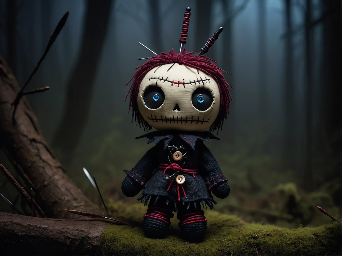 (knitted toy voodoo doll: 1.2), (needles stuck into voodoo: 1.9), triangle-shaped button eyes, dark atmosphere, background - dark, ominous forest with fog, gothic aesthetics, a sense of mystery and magic,best quality, masterpiece, soft oil painting, detailed background, dramatic cinematic lighting, soft edge lighting, professional, dramatic lighting, hard edge lighting, ultra quality, 4k, masterpiece, best quality, 8k, super high definition, high definition, extremely detailed