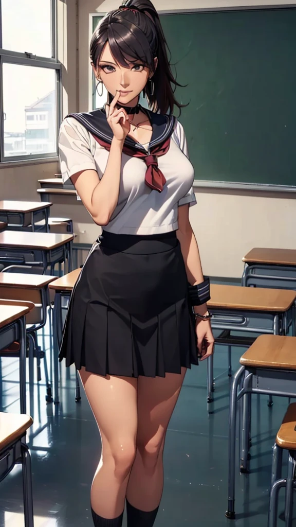 (((highest quality, High resolution, , Pixel Perfect, 4K))),((Correct Anatomy))、((Sailor suit))、(((School classroom))), ((highest quality)), ((Complex and detailed)), ((Black knee-high socks)), ((Mini Pleated Skirt))、An absurd solution, Mature Woman, Mature Woman, perspective, Very detailed,(((Full Body Shot)))、Great style、(Long Hair)、glamorous、Sailor suit、mini skirt、black tights、(((The whole body is visible))), One Woman, ((ponytail)), Perfect hands, Detailed fingers, Beautiful details, Black choker, Earrings, Black Stockings, Perfect Eyes, Seductive eyes