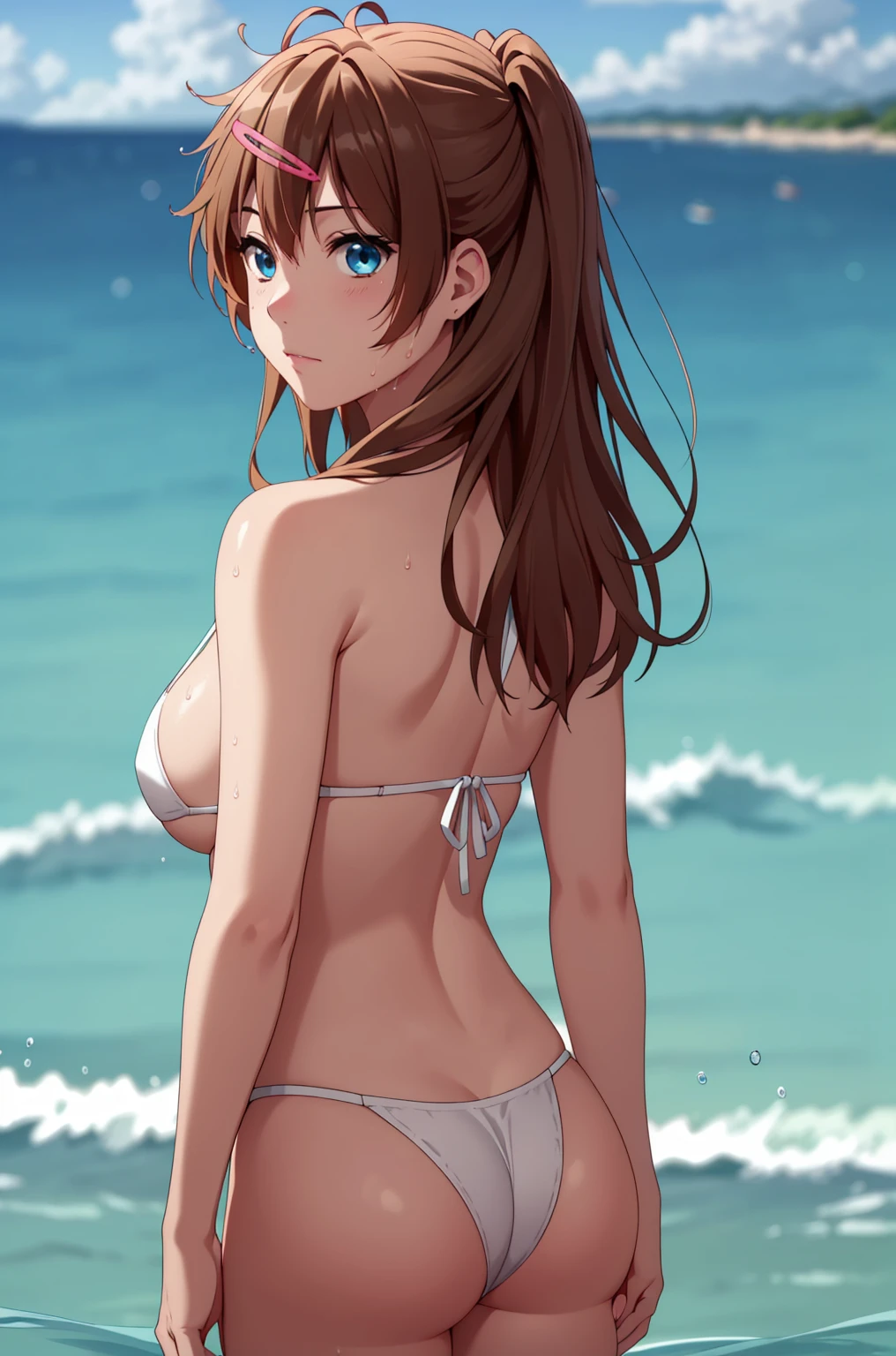 ((masterpiece, highest quality, High resolution, UHD, Pixel perfect, Depth of written boundary, 4K, rtx, HDR)), 1 Girl, single, alone, 24-years-old, Beautiful Anime Girls, Beautiful art style, anime character, ((Parted bangs, Brown Hair)), (blue eyes、Round eyes, Delicate eyelashes、Beautiful eyelashes, Perfect Eyes), (Detailed face:1.2), (Smooth texture:0.75, Realistic texture:0.65, Realistic:1.2, Cinematic, Anime CG Style), Perfect body, Ocean:1.3、Moderately good breasts:1.7、Red Micro Bikini Swimsuit:1.8、Visible from the thighs:1.9、Wet、Water Drop、Splash、nsfw、visible from below、Seen from behind、Oceanの中、Leaning forward、Bend