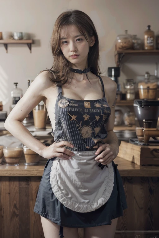 Ruined city, battlefield, ruins, Smoke, Damaged Giant, Full body portrait，(((original p hot o)))，A sexy girl working at the counter in a cafe，34-26-36 is an hourglass figure,(Barista Apron、Long Apron、stripe、pattern、badge、pattern:1.5)，Rim Light， clavicle， Pretty Face，tattoos on the arms，Wide hips， Slim waist，(((Long legs)))，Idol， Depth of Field， tilt， reflective，lifelike, Ultra-high resolution, high quality，Soft Light，Orange sky, dust, radiation, Starry Sky, from below, Wide-angle lens, movie lighting, Vague, Ultra wide angle, best quality, 8K