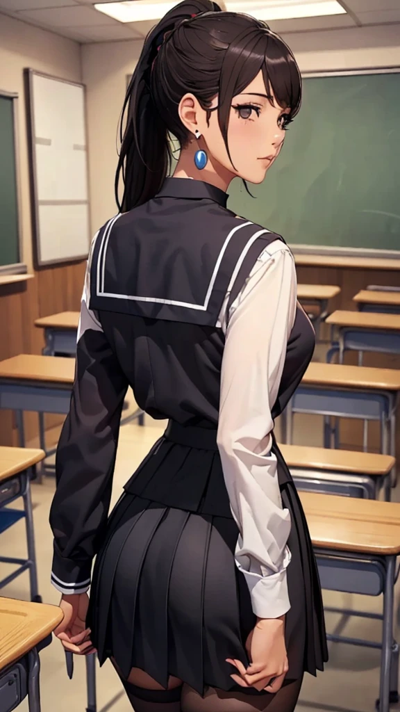 (((highest quality, High resolution, , Pixel Perfect, 4K))),((Correct Anatomy))、((School classroom))、((school uniform))), ((highest quality)), ((Complex and detailed)), ((Black knee-high socks)), ((Mini Pleated Skirt))、An absurd solution, Mature Woman, Mature Woman, perspective, Very detailed,(((school uniformコスプレ)))、Great style、(Long Hair)、glamorous、Sailor suit、mini skirt、black tights、(((The whole body is visible))), One Woman, ((ponytail)), Perfect hands, Detailed fingers, Beautiful details,  Black choker, Earrings, Black Stockings, Perfect Eyes, Seductive eyes