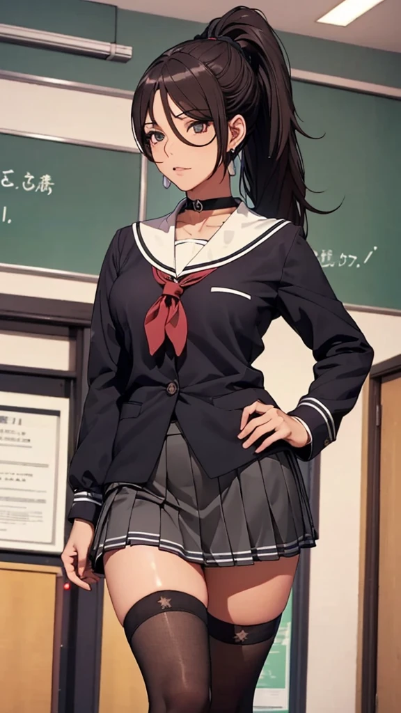 (((highest quality, High resolution, , Pixel Perfect, 4K))),((Correct Anatomy))、((School classroom))、((school uniform))), ((highest quality)), ((Complex and detailed)), ((Black knee-high socks)), ((Mini Pleated Skirt))、An absurd solution, Mature Woman, Mature Woman, perspective, Very detailed,(((school uniformコスプレ)))、Great style、(Long Hair)、glamorous、Sailor suit、mini skirt、black tights、(((The whole body is visible))), One Woman, ((ponytail)), Perfect hands, Detailed fingers, Beautiful details,  Black choker, Earrings, Black Stockings, Perfect Eyes, Seductive eyes