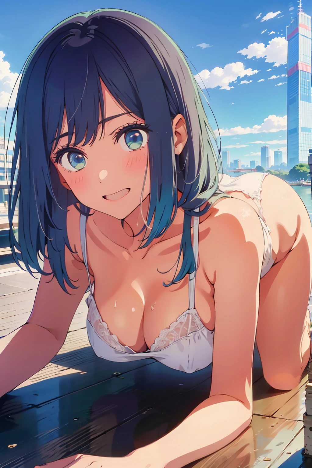 highest quality,8k,detailed,F cup bust、Big Breasts、Very cute face、Thin white bikini、Beautiful thighs、Best Beautiful Legs、Slim and beautiful arms、Slim body、Very white beautiful skin、((((1 person、sit、looking at the camera、smile、smile、Tokyo buildings in the background、sit、On all fours、Tokyo Coast))))、I can see the deep blue sky、The atmosphere is bright and lively、The woman is at the center of the image。