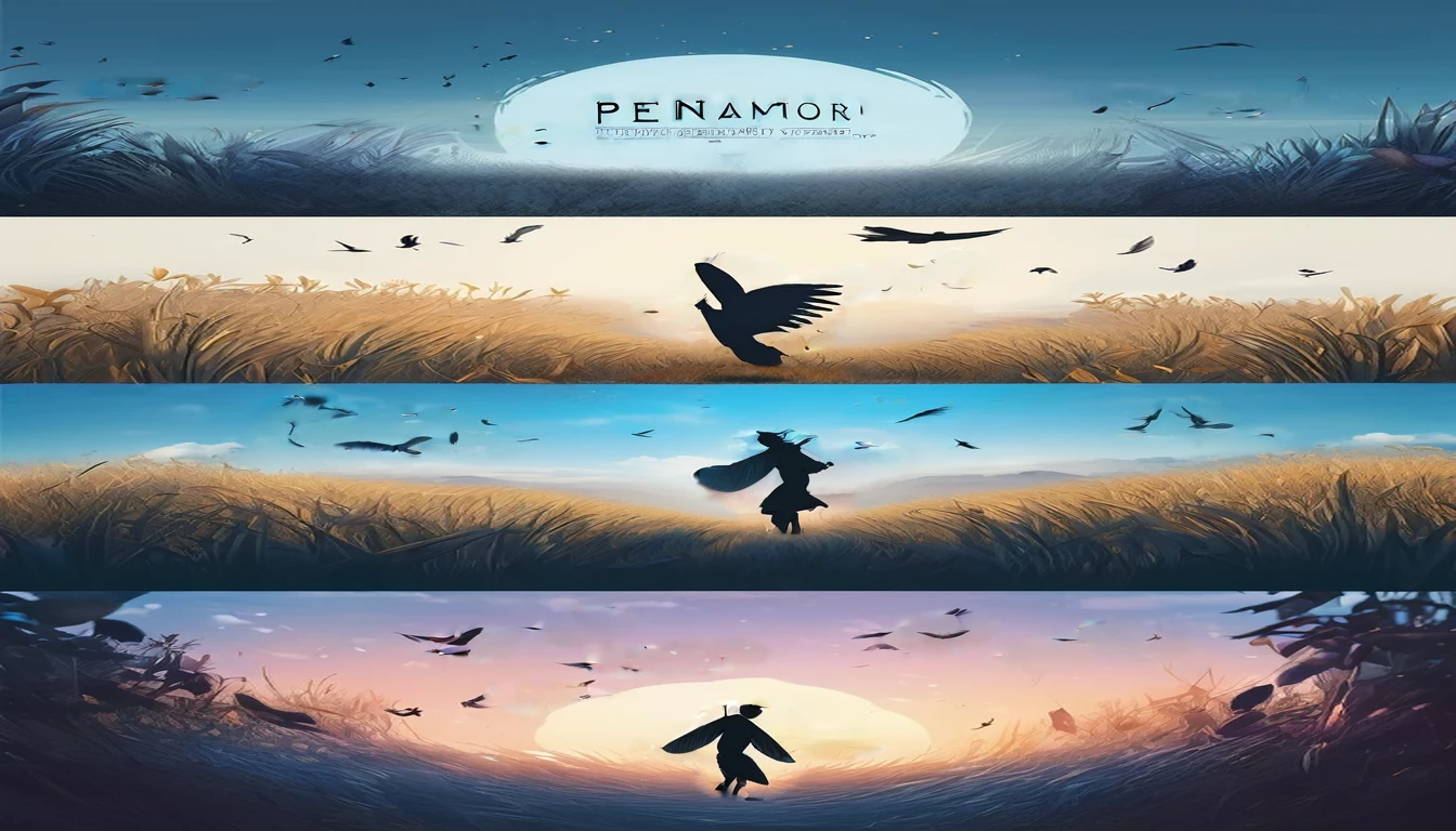 Create a professional, fantastic, cinematic Youtube Banner for a brand about music and stories called " Penamemoria". Masterpiece, 4k, sharp focus, highest quality,wide shot. Imagine a half a feather, half a fantasy boy. The title is " Penamemoria". Is a brand about the creative, unique journey of a boy into becoming a musician storyteller. In his journey he finds inspiration in a world of birds and feathers. Minimalistic, simple, poetic, dreamy logotype at the center of the image. The Background image is a world full of fantastic feathers, unique birds, light blue sky, and a boy running happily into the horizon with an acoustic guitar in his right hand.  Boy running against the wind, almost simulating like he is flying