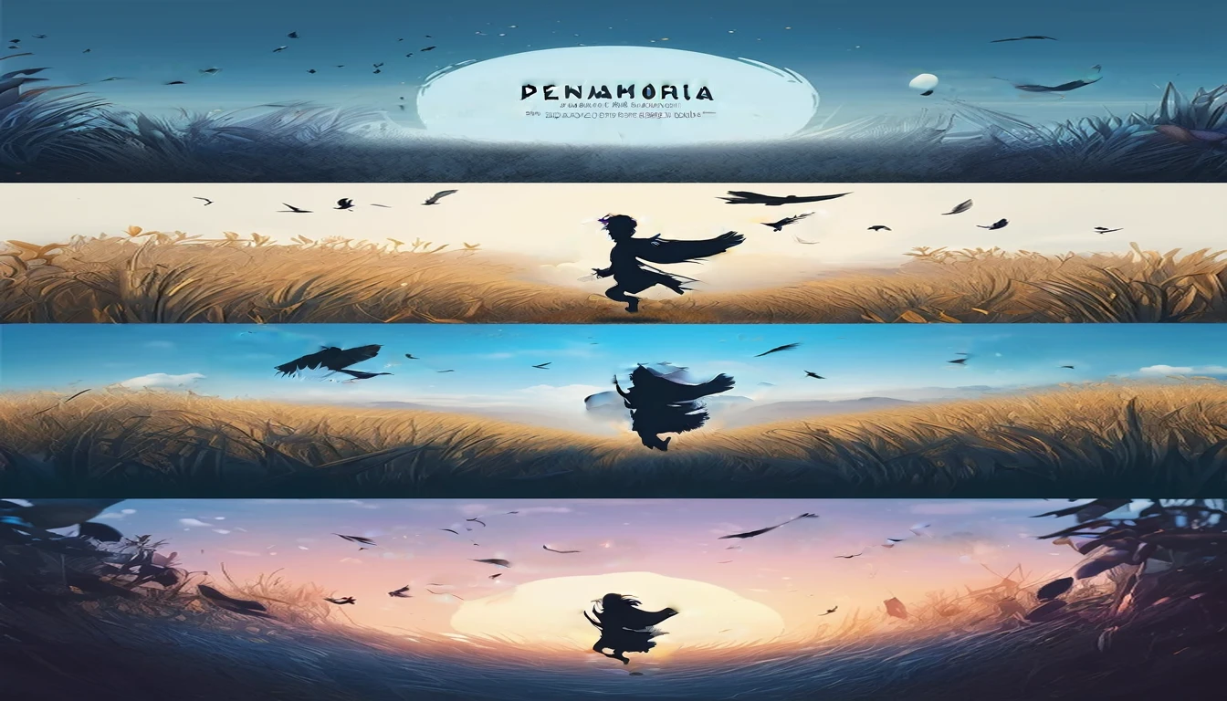 Create a professional, fantastic, cinematic Youtube Banner for a brand about music and stories called " Penamemoria". Masterpiece, 4k, sharp focus, highest quality,wide shot. Imagine a half a feather, half a fantasy boy. The title is " Penamemoria". Is a brand about the creative, unique journey of a boy into becoming a musician storyteller. In his journey he finds inspiration in a world of birds and feathers. Minimalistic, simple, poetic, dreamy logotype at the center of the image. The Background image is a world full of fantastic feathers, unique birds, light blue sky, and a boy running happily into the horizon with an acoustic guitar in his right hand. Boy running against the wind, almost simulating like he is flying