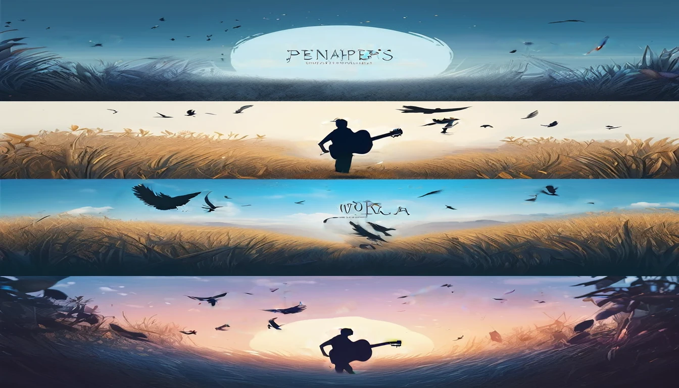 Create a professional, fantastic, cinematic Youtube Banner for a brand about music and stories called " Penamemoria". Masterpiece, 4k, sharp focus, highest quality,wide shot. Imagine a half a feather, half a fantasy boy. The title is " Penamemoria". Is a brand about the creative, unique journey of a boy into becoming a musician storyteller. In his journey he finds inspiration in a world of birds and feathers. Minimalistic, simple, poetic, dreamy logotype at the center of the image. The Background image is a world full of fantastic feathers, unique birds, light blue sky, and a boy running happily into the horizon with an acoustic guitar in his right hand.  Boy running against the wind, almost simulating like he is flying