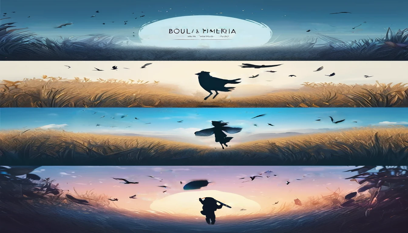 Create a professional, fantastic, cinematic Youtube Banner for a brand about music and stories called " Penamemoria". Masterpiece, 4k, sharp focus, highest quality,wide shot. Imagine a half a feather, half a fantasy boy. The title is " Penamemoria". Is a brand about the creative, unique journey of a boy into becoming a musician storyteller. In his journey he finds inspiration in a world of birds and feathers. Minimalistic, simple, poetic, dreamy logotype at the center of the image. The Background image is a world full of fantastic feathers, unique birds, light blue sky, and a boy running happily into the horizon with an acoustic guitar in his right hand. Boy running against the wind, almost simulating like he is flying