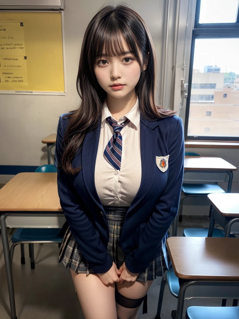 masterpiece, best quality, illustration, Super detailed, fine details, High resolution, 8K,wall paper, perfect dynamic composition,(Details High quality, realistic depiction of eyes:1.3), (2 girls, 2 schoolgirls:1.2), from side, High School Classroom、High school girl uniform、blazer 、Super Short Check Uniform Skirt、Navy blue high socks、garterbelts、Colossal tits、Disturbed uniform,  short bob hair, black hair color, huge breasts, Big Natural Color Lip, bold sexy pose, (perfect body shape), crying a little、 Harajuku style、20 year old girl、 beautiful legs, hposing Gravure Idol, Voluptuous thighs