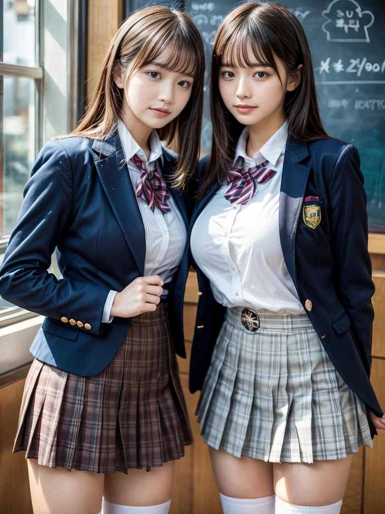 masterpiece, best quality, illustration, Super detailed, fine details, High resolution, 8K,wall paper, perfect dynamic composition,(Details High quality, realistic depiction of eyes:1.3), (2 girls, 2 schoolgirls:1.2), from side, High School Classroom、High school girl uniform、blazer 、Super Short Check Uniform Skirt、Navy blue high socks、garterbelts、Colossal tits、Disturbed uniform,  short bob hair, black hair color, huge breasts, Big Natural Color Lip, bold sexy pose, (perfect body shape), crying a little、 Harajuku style、20 year old girl、 beautiful legs, hposing Gravure Idol, Voluptuous thighs