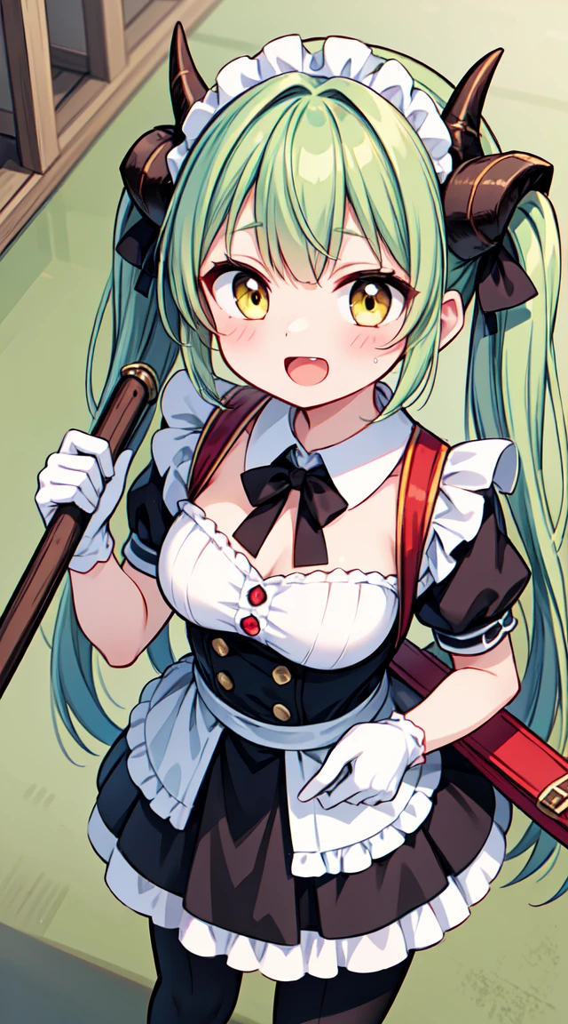 (masterpiece, top quality, best quality, official art, beautiful and aesthetic:1.2),ultra-detailed,intricate details,amazing illustration,award-winning art,atmospheric,
BREAK, 1 beautiful girl, (17 years old girl), Very detailed, colourfull, highest details,
BREAK ,1 beautiful girl, (17 yrs old girl),Solo,(cute:1.5),(chibi:0.6),(kawaii:1.5),(loli:0.5),BREAK, :d, (twintail, green hair, horns, long hair:1.35), (yellow eyes, double, slanted eyes:1.45), blush, double teeth, ((D cup breasts))), heart, gaze, maid, /maid dragon/, dragon tail, (long eyelashes, double eyelids, fine eyebrows:1.2), solo, glowing skin, clear skin, beautiful skin, (top quality face), (top quality slanted eyes), maid outfit, gloves, open mouth, short sleeves, smile, white gloves,
BREAK, Traditional Eastern Warrior Elegance,
Classic Kung-Fu uniform with a mandarin collar,
Loose-fit pants for ease of movement,
Embroidered or patterned details for authenticity,
Canvas Kung-Fu shoes for traditional footwear,
A symbolic headband for a touch of warrior spirit,
Practical yet stylish wrist wraps for added flair,
Wooden training weapons like a practice staff or nunchaku,
Meditation beads worn as a necklace or bracelet,
Elegant, functional martial arts bag for equipment, BREAK,wakame,wakame,wakame,(Cowboy Shot,from above:1.4),
BREAK,(Blurry background:1.3),(absurderes, hight resolution, Super Detail Art),cel shading,Clear Color, optical effect, Beautiful pictures, Bright glow, mystic atmosphere,(Close-up of girl:1.1), Mystical light particle effect,manga influence, clean line drawings,
