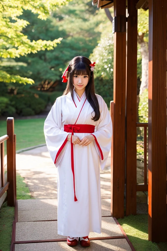 Red hakama, red Japanese style pants, the lower half of the costume is red, Main hall of the shrine, Shrine maiden, ((full body)), ((photo)), ((best qualtiy, 8K, tmasterpiece: 1.3)), Focus: 1.2, perfect figure beautiful girl: 1.4, 1girl, cowboy shot, look at viewer, incredibly absurd, beautiful and cute girl with a photorealistic face, showcasing top-quality craftsmanship, Japanese girl sweeping the garden at the shrine, 17 years old, Her hair is half-up with smooth curls, glossy jet black long hair, Gentle features, Big deep brown eyes, Small face, Fair skin, Translucent, Smooth and silky skin, Natural eyebrow shape, Thin lips, Soft smile,, delicate, Well-balanced proportions, B cup small breasts, Simple and elegant shrine maiden costume, White robe and red hakama,, Beautiful girl, Clean, Healing, Moe, Elegant manners, Kind, Tolerant, Humble, Sincere, Deep faith, January