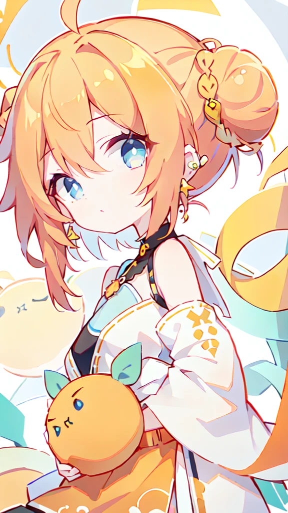Hairstyle: Bun、Orange Hair、Subculture clothes、Pierced earrings、Round eyes、Light blue eyes